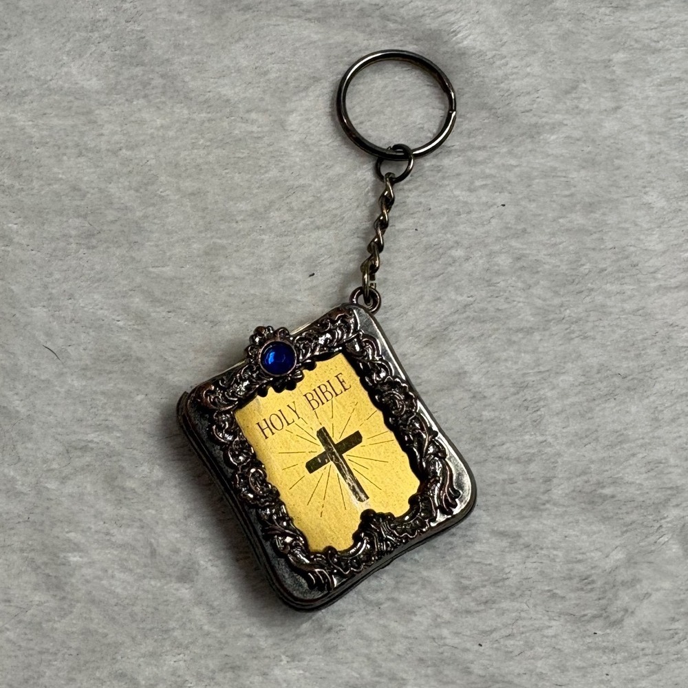 Vintage Miniature Holy Bible Keychain Ornate Silver Tone Blue Gemstone Cross